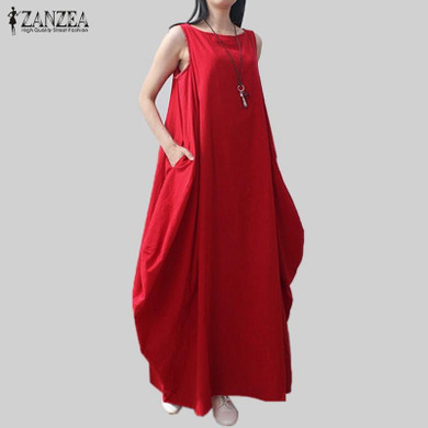 Casual Retro Solid Summer Dress 2018 ZANZEA Women Elegant Loose Sleeveless Dress Cotton Linen Long Maxi Dress Vestidos Plus Size