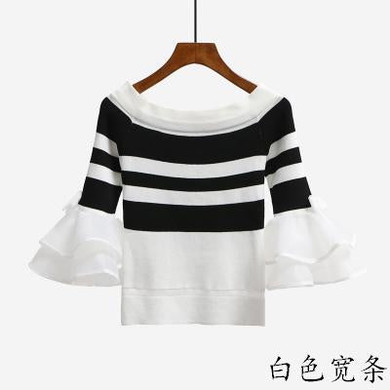 2017 Autumn off shoulder cropped white sweater tops women slash neck sexy korean striped flare sleeve knitted pullovers sweaters