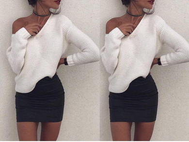 2017 Autumn New Sweaters Women Casual Loose Shirts Long Sleeve Sweater Pullover Loose Tops Off Shoulder White Knitwear