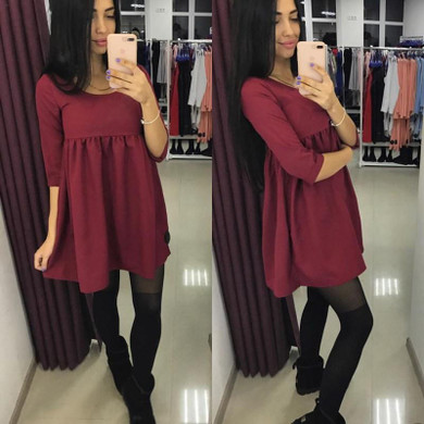 2017 autumn new fashion women solid loose dress casual o-neck Three Quarter sleeves ruffle dresses red black pleated dress