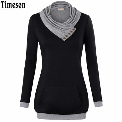 2017 Autumn Long Sleeve Kangaroo Pocket Women Hoodies Scarf Neck Casual Knitted Patchwork Pullovers Female Out Wear Tee Shirt