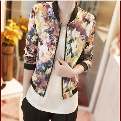 2017 Hottest in American And EU 1PC Women Stand Collar Long Sleeve Zipper Floral Printed  Bomber Jacket  Women basic coats