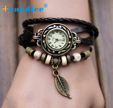 2017 Hotsale Fashion 1PC Womens Bracelet Vintage Weave Wrap Quartz Leather Leaf Beads Wrist Watches Drop Shipping Fabulous