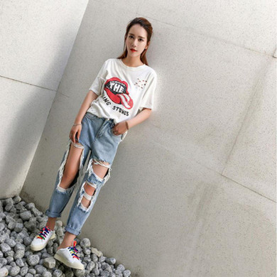2017 hot Spring and summer women jeans Pocket Ladies Jeans Vintage  Trousers Hole  Vintage Denim Ankle-Length pants  Mid Waist