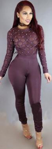 2017 new purple mesh patchwork lace Jumpsuits Sexy long sleeve autumn spring rompers womens Jumpsuits black sequin bodysuit