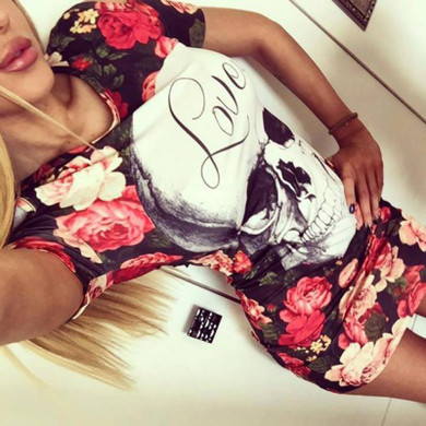 2017 New Print Skull Love Red Flower Dress Women Sexy Sheath Short Sleeve Wrap Bodycon Dress Casual O neck Summer Dress Vestidos 2017 New Print Skull Love Red Flower Dress Women Sexy Sheath Short Sleeve Wrap Bodycon Dress Casual O neck Summer Dress Vestidos