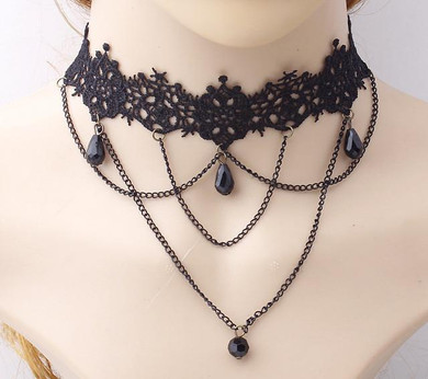 2017 fashion Gothic Victorian Crystal Tassel Tattoo Choker Necklace Black Lace Choker Collar Vintage Women Wedding Jewelry