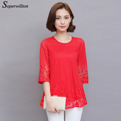 Soperwillton M-5XL Plus Size Womens Tops and Blouses Hollow Out Lace Blouse Women Tops Elegant Shirts Loose Mesh Shirt #B753