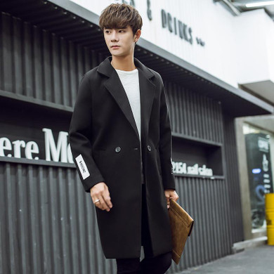 2017 winter men's new Solid color Wool Blends Medium length style trench coat men keep warm Army green clothes woolen overcoat