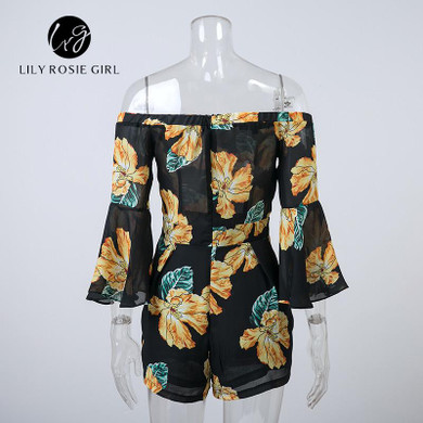 2016 Fashion Flared Sleeve Floral Print Jumpsuit Rompers Women Elegant Off Shoulder Sexy Summer Beach Short Overalls Playsuit