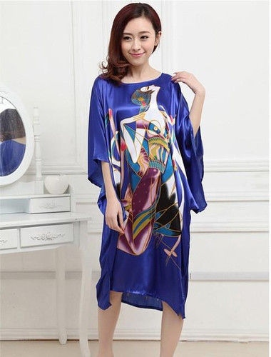 2016 Extra Large Butterfly Sleeves Women Nightgowns Printed,New Arrival Elegant Sleepshirts,Female Silk Nightwear