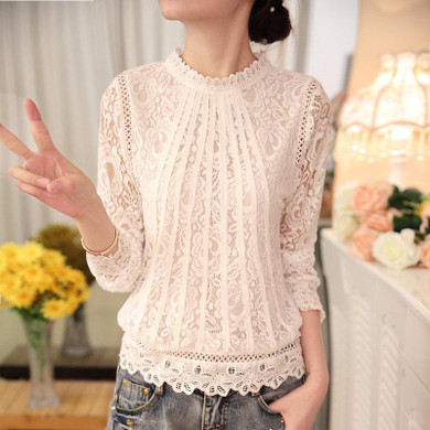 2017 New Summer Ladies White Blusas Women's Long Sleeve Chiffon Lace Crochet Tops Blouses Women Clothing Feminine Blouse 51C