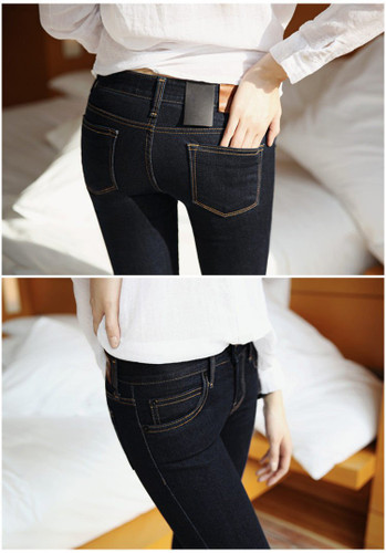 2016 Winter Jeans Women Gold Fleeces Inside Warm Jeans Solid Skinny Denim Pencil Pants Low Waist Trousers P8022