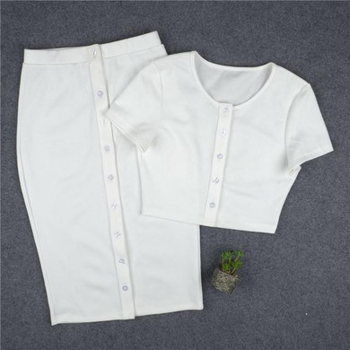 2016 Winter Autumn Dress 2 Piece Set Knitted Button White  Women Sexy Crop Bodycon Party Dresses Two Pieces Outfits Vestidos