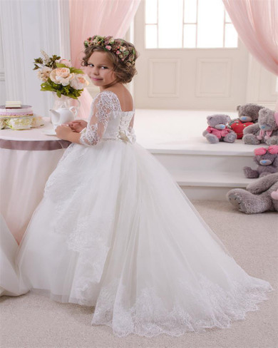 2016 White Lace Appliques Flower Girl Dress Kids Ball Gown Evening Gowns For Weddings First Communion Dresses Girls Beading Bow