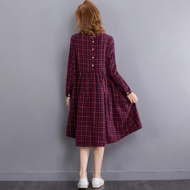 2016 Vintage Spring Autumn Women Midi Dress Fashion O Neck Plaid Female Vestidos Long Sleeve Retro Cotton Linen Dress M L XL 2XL 2016 Vintage Spring Autumn Women Midi Dress Fashion O Neck Plaid Female Vestidos Long Sleeve Retro Cotton Linen Dress M L XL 2XL