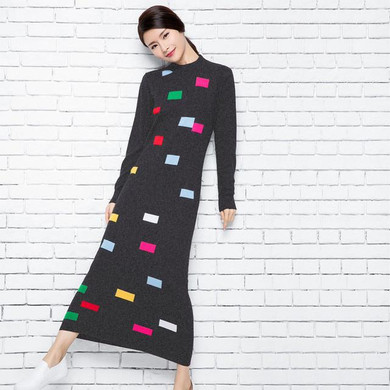 Rectangular decorative casual women dress long fashion autumn winter women wool knitted sweater dress warm women design dress