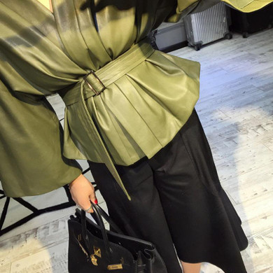 RealShe Autumn Green Faux Leather Jacket Women Jacket Zip Belt Coats chaqueta Blazer PU Jack Rock cuir femme casaco 2017