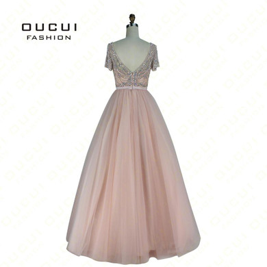 Real Photos Ivory Color Crystal Short Sleeves Ball Gown Formal Long Prom Dress Evening Party OL102911 vestidos de festa