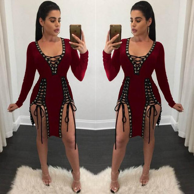 S - XXXL Plus Size Women Party Dresses 2017 Autumn V Neck Long Sleeve Lace Up Mini Dress Sexy Split Night Club Bandage Dress
