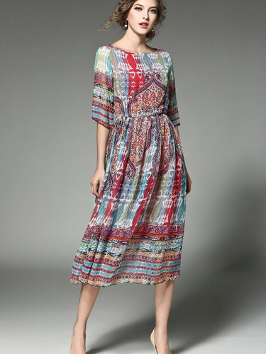Retro Round Neck Half Sleeve Printing Chiffon Midi Dress