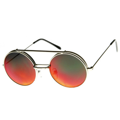 Retro Round Steampunk Mirrored Lens Flip Up Sunglasses