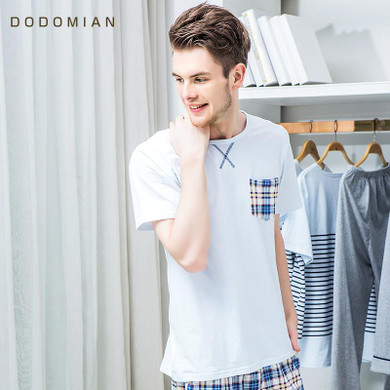 2017 Summer New Fashion Pajamas Sets Home Wear Clothing For Men Short Sleeve Plaid O-neck Men Pajamas Cotton Striped Sleepwears