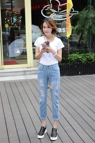2017 new Large size women jeans eighth hole jeans woman boyfriend jeans for women ripped jeans for women free shipping