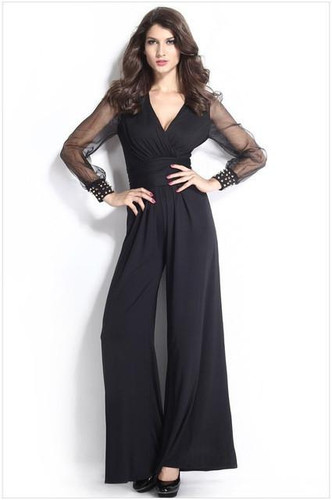 2017 New Fashion Sexy women jumpsuit 3 Colors Embellished Lantern Sleeve Cuffs Long Mesh Sleeves Jumpsuit LC6650  S M L XL XXL