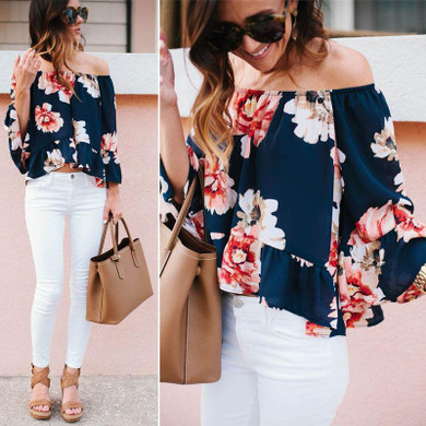 2016 Summer Style Blusas Women Blouses Shirt Off Shoulder Floral Printed Long Sleeve Strapless Women Tops Blouse