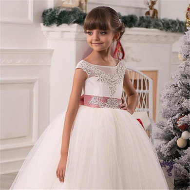 Flower Girl Dresses For Wedding Lace Appliques Beads Puffy Girls Pageant Gowns Hollow Lace Up Bow Sash Birthday Dresses