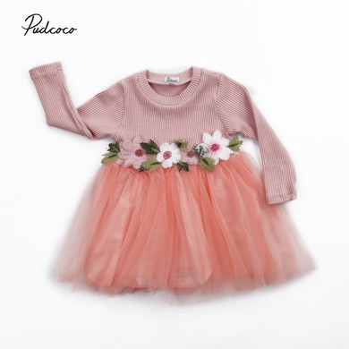 Flower Girl Dress Toddler Infant Baby Girls Dress Flower Long Sleeve Lace princess Tulle Dresses 0-3T