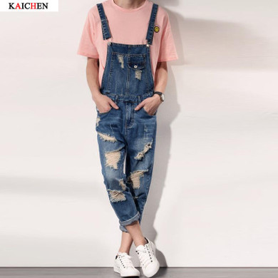 2016 New Mens Bib Overalls Fashion Ankle Length Denim Overalls Men Ripped Jeans Male Denim Jumpsuit
