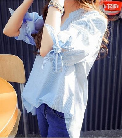 2017 Summer Shirts Women Blouse V-Neck Half-Sleeve Blue Striped Lady Fashion Loose Tops Casual Blusas 007