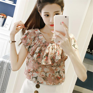 2017 Summer New Women Chiffon Blouse Sleeveless Printed Flowers Shirts Ruffles V-Neck Casual Slim Blouses Tops Blusas Femininas