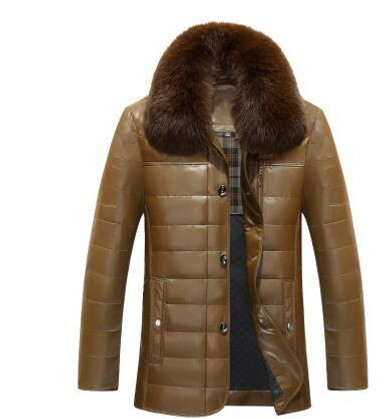 2017 Winter Coat Men Leather Long Warm Snow Coat Men's Leather Down Jackets Turn down fur Collar Male Zipper Overcoat Clothes