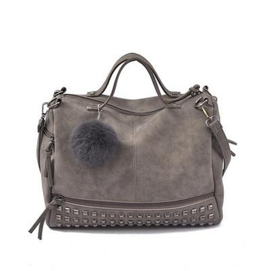 2016 New Arrive Rivet Women Shoulder Bag With Fur Ball Nubuck Leather Handbags Vintage Women Handbag Motorcycle Shoulder Bags