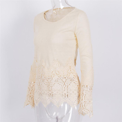 2016 new arrive plus size lace tops flower Crochet Lace Blouse Autumn round neck long sleeve women white lace blouses