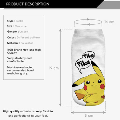 2016 New Arrival  Harajuku Pokemon Sock 3D Printed Cartoon Women's Socks Pikachu Novelty Low Cut Ankle Cute Socks Meias