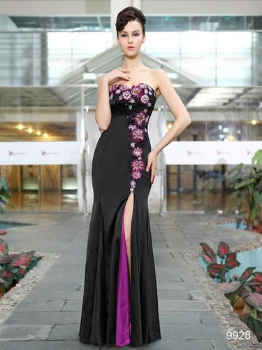 Evening Dresses Ever-Pretty HE9928BBK Elegant Strapless Flowers Sequins Slitted Trailing Evening Dresses