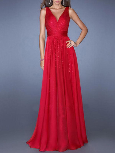 Evening Chiffon Backless Straps V-neck Maxi Dress
