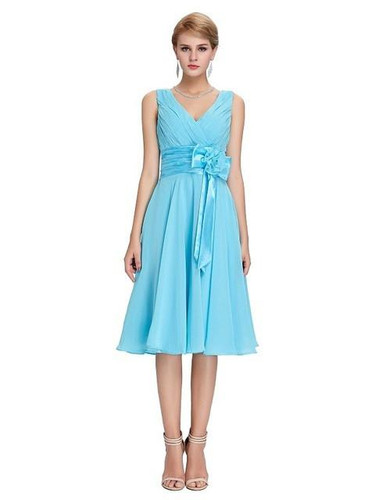 Grace Karin Short Prom Dresses V Neck Sleeveless Chiffon Bow Blue Elegant Formal Gowns Cheap Plus Size Wedding Party Dress Prom