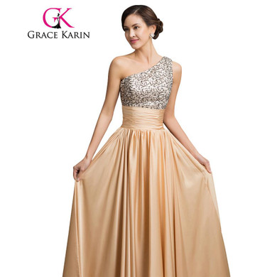 Grace Karin One Shoulder Sequin Formal Evening Dress Empire Elegant Long Evening Gowns Night Party Dresses robe de soiree 007529