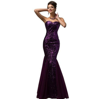 Grace Karin Long Mermaid Prom Dresses Strapless Sequin Tulle Elegant Formal Pageant Ball Gowns Purple Wedding Party Dress Prom