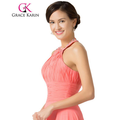 Grace Karin Halter Chiffon Watermelon Long Bridesmaid Dresses 2017 Floor Length Back to School Prom Dress Bridesmaid Gowns