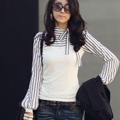 Formal Elegant Office Lady Women Black White Striped Blouses Bow Bowknot Long Sleeve Shirt Tops Blouse Tops S M L