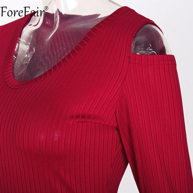 ForeFair Women Sexy Open Shoulder V-neck Long Sleeve Bodycon Dress Black Red Knitted Stripped Elastic Plus Size Autumn Dress