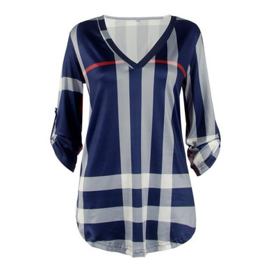 ForeFair 2016 early autumn 3/4 sleeve plaid women blouses sexy v-neck curved hem long casual shirt plus size women clothing
