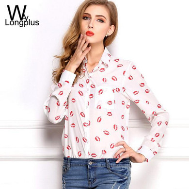2016 Spring New Fashion Women's Blouses Red Lips Print Chiffon Casual Lady Shirt White Stand Collar Button Long Sleeve Blouse