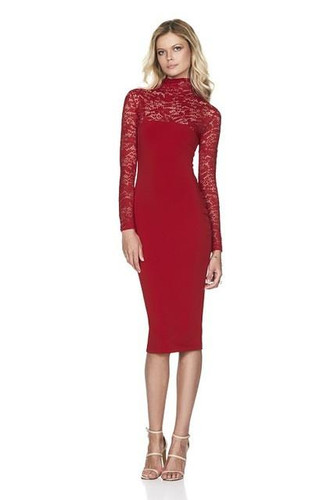 2016 Sexy Women Lace Dress Autumn Winter Long Sleeve High Neck Bodycon Dress Black Club Dress Red Party Dress Vestidos Robe Sexy
